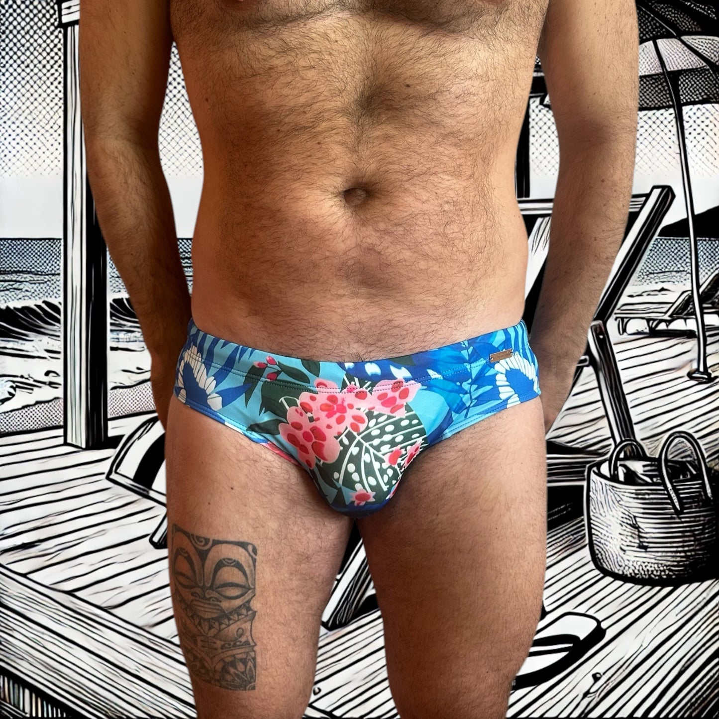 Maillot de bain homme Le Beau Tom — vue de face, coupe taille basse, confort et élégance française, fleuri, bleu, vue de face