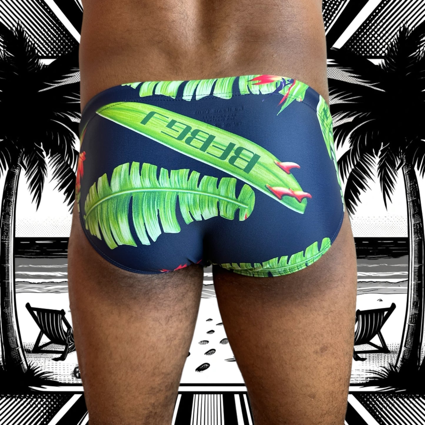 Maillot de bain homme Le Beau Tom — vue de face, coupe taille basse, confort et élégance française, fleuri, tropical, modèle Jungle Vibes, vue de dos