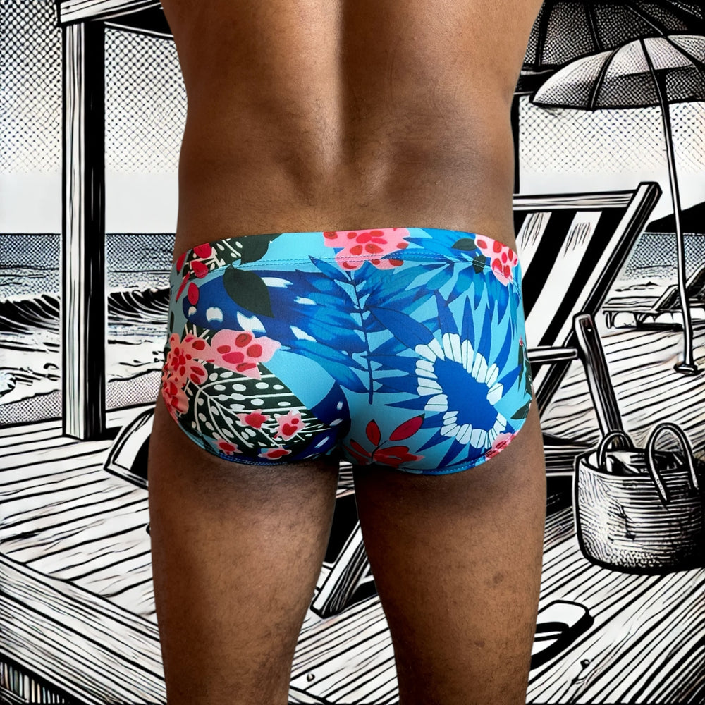 Maillot de bain homme Le Beau Tom — vue de face, coupe taille basse, confort et élégance française, fleuri, bleu, vue dos
