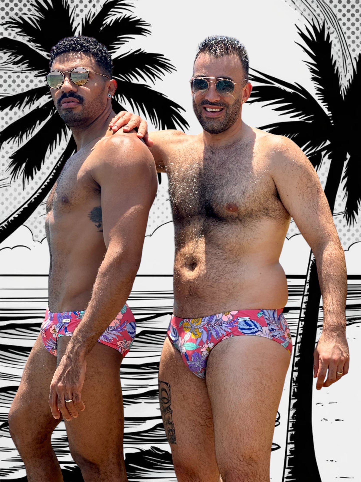 Maillot de bain homme Le Beau Tom – confortable et tendance, rose avec fleur, couple gay